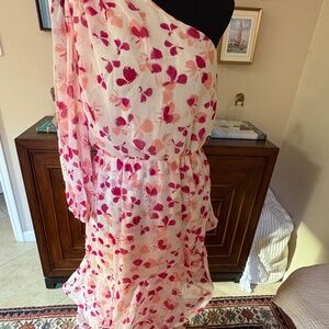 Alexis One Shoulder Pink Floral Tiered Chiffon Dress Medium-NWT